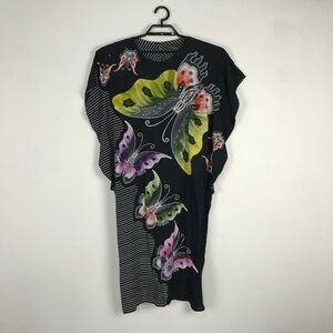 Gajah Mada Midi Dress Size M Multicolor Butterfly Striped Rayon Womens Hawaiian